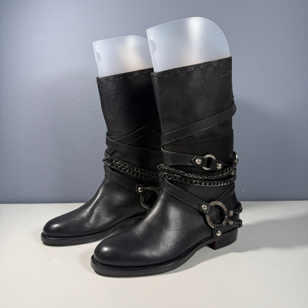 True Religion Black Leather Harness Chain Boots Made‎ in Italy Womens 38(7/7.5)